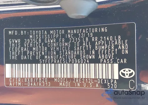 2020 Toyota Corolla Le from USA, damaged, VIN 5YFEPRAE5LP096024